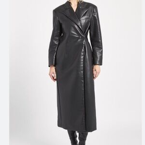 Black Faux Leather Long Trench Coat - Women by boa